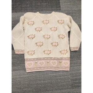 Vintage 80s Sweater Ramie Cotton Floral Hearts Pink Cream Grandmacore Size Large